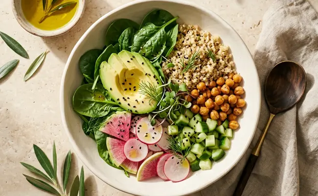 Fresh vegetables and grains in an ivory bowl
